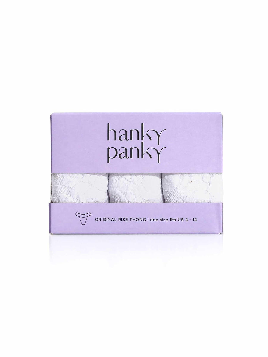 3 Pack Signature Lace® Original Rise Thongs White - Purple Gift Box Front View | Hanky Panky