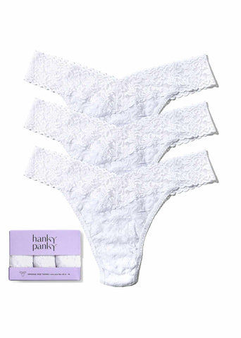 3 Pack Signature Lace® Original Rise Thongs White - Flat Lay with Gift Box | Hanky Panky