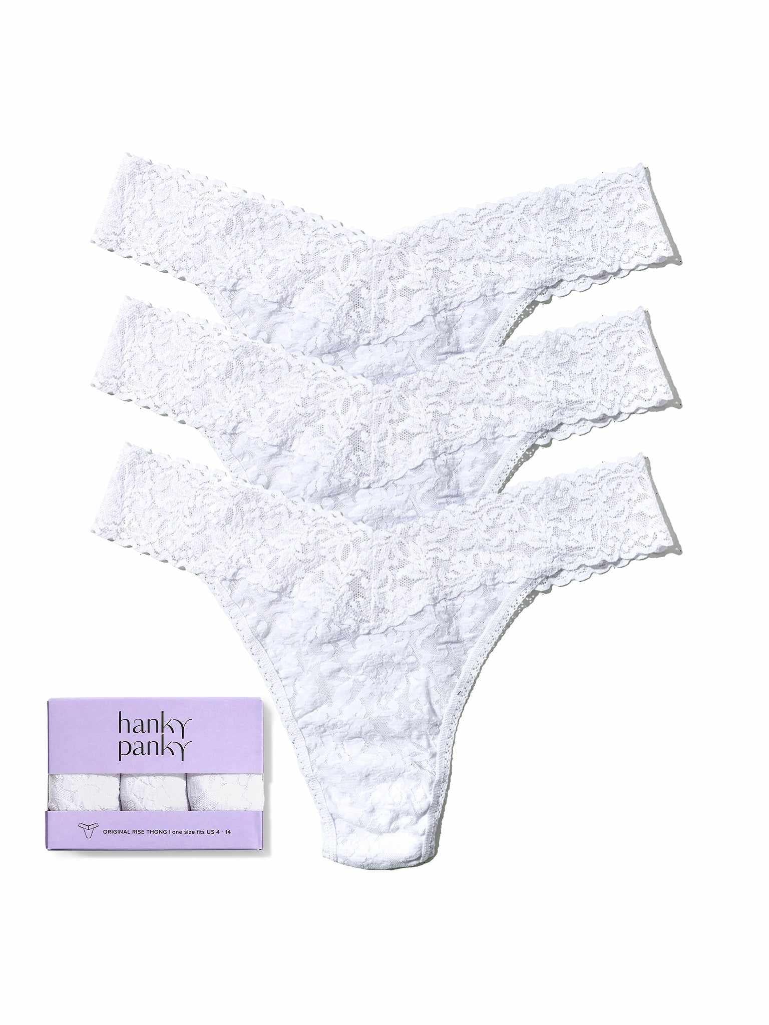 3 Pack Signature Lace® Original Rise Thongs White - Flat Lay with Gift Box | Hanky Panky