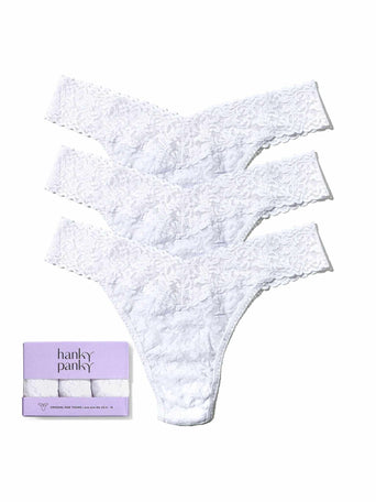 3 Pack Signature Lace® Original Rise Thongs White - Flat Lay with Gift Box | Hanky Panky