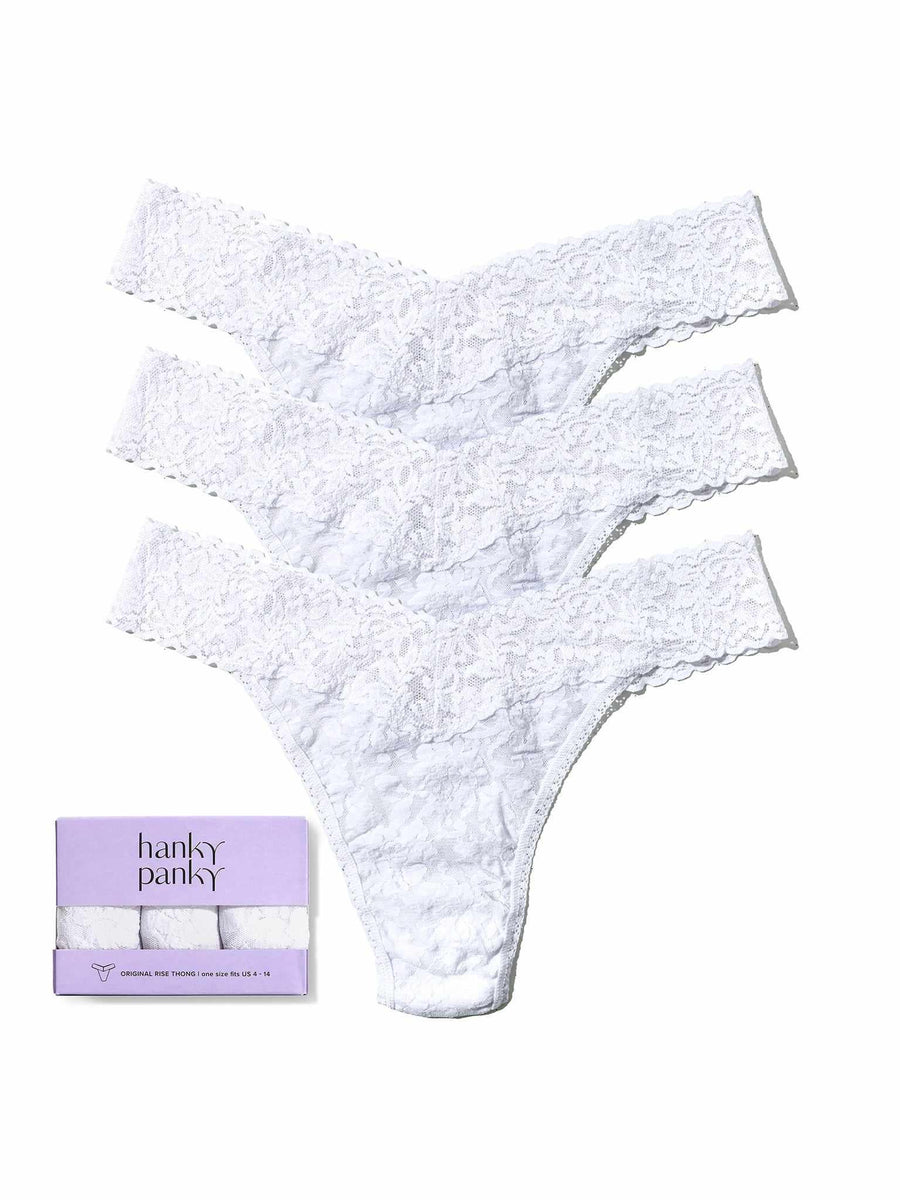 3 Pack Signature Lace® Original Rise Thongs White - Flat Lay with Gift Box | Hanky Panky