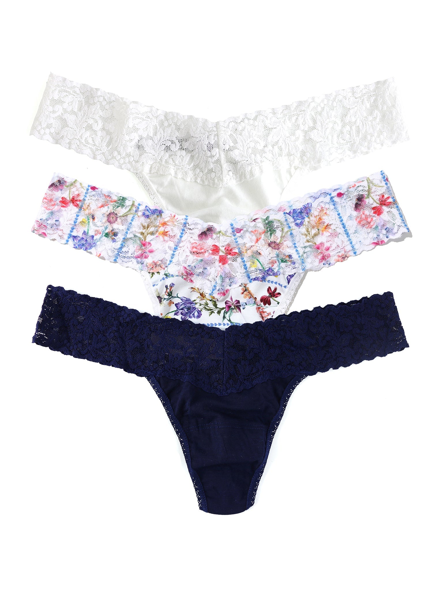 3 Pack Supima® Cotton Low Rise Thongs with Contrast Trim Flower Crown