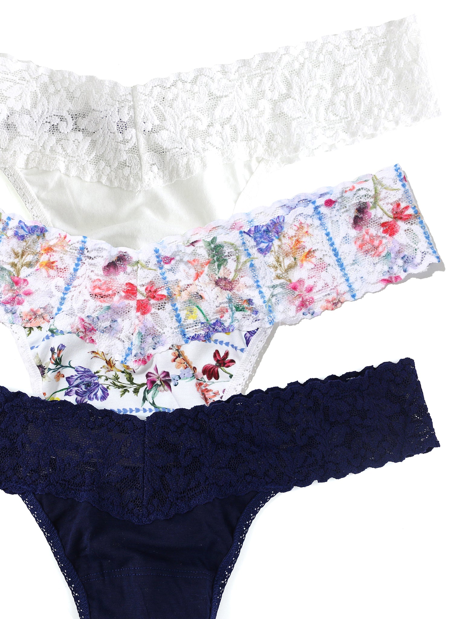 3 Pack Supima® Cotton Low Rise Thongs with Contrast Trim Flower Crown