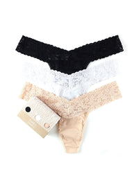 3 Pack SUPIMA® Cotton Low Rise Thongs with Lace-BLACK WHITE CHAI-Hanky Panky