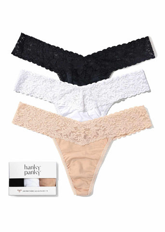 3 Pack Supima® Cotton Low Rise Thongs with Lace in Black, White & Chai - Flat Lay with Gift Box | Hanky Panky