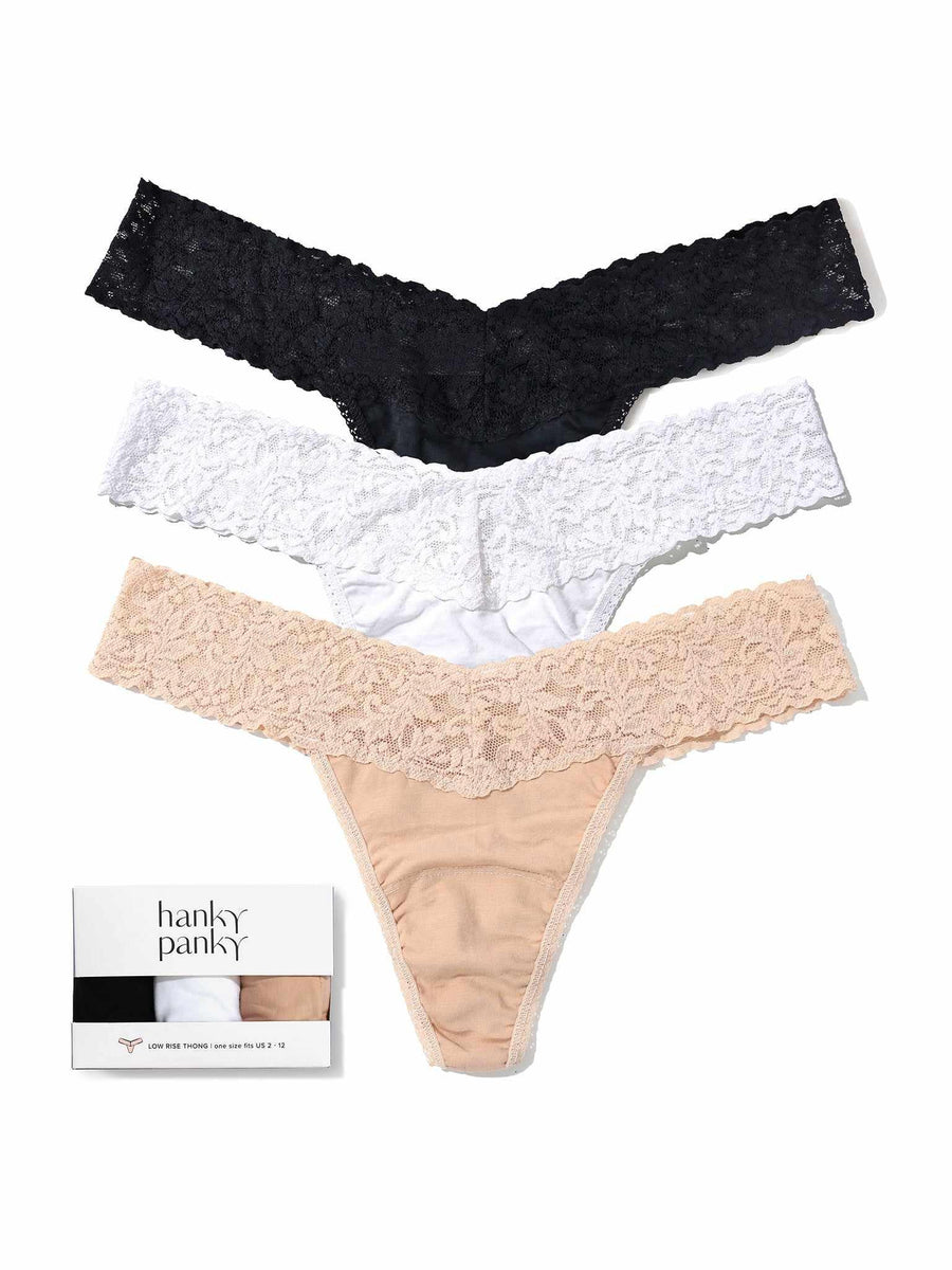 3 Pack Supima® Cotton Low Rise Thongs with Lace in Black, White & Chai - Flat Lay with Gift Box | Hanky Panky