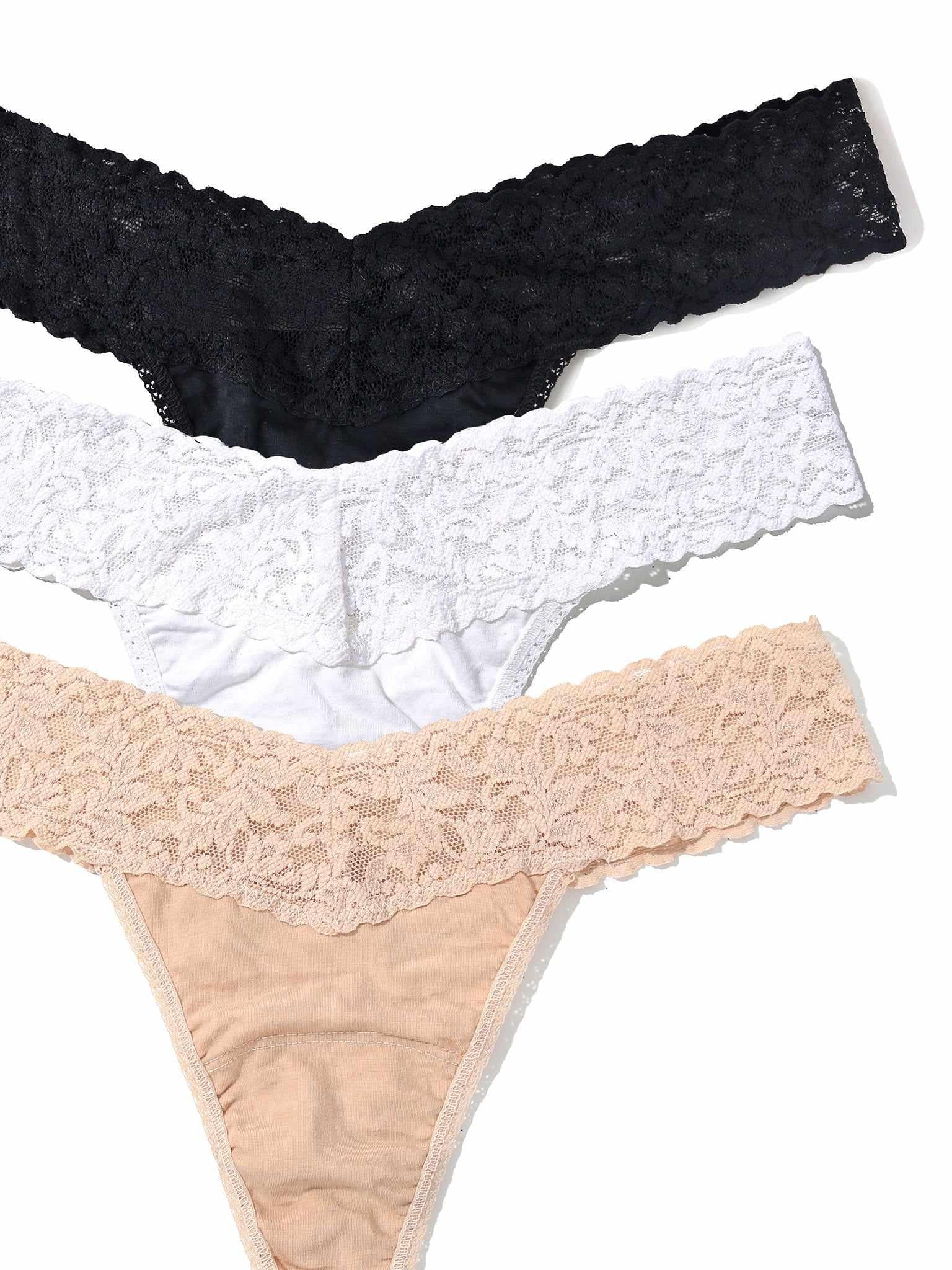 3 Pack Supima® Cotton Low Rise Thongs with Lace Black, White & Chai - Close-Up Flat Lay Detail | Hanky Panky