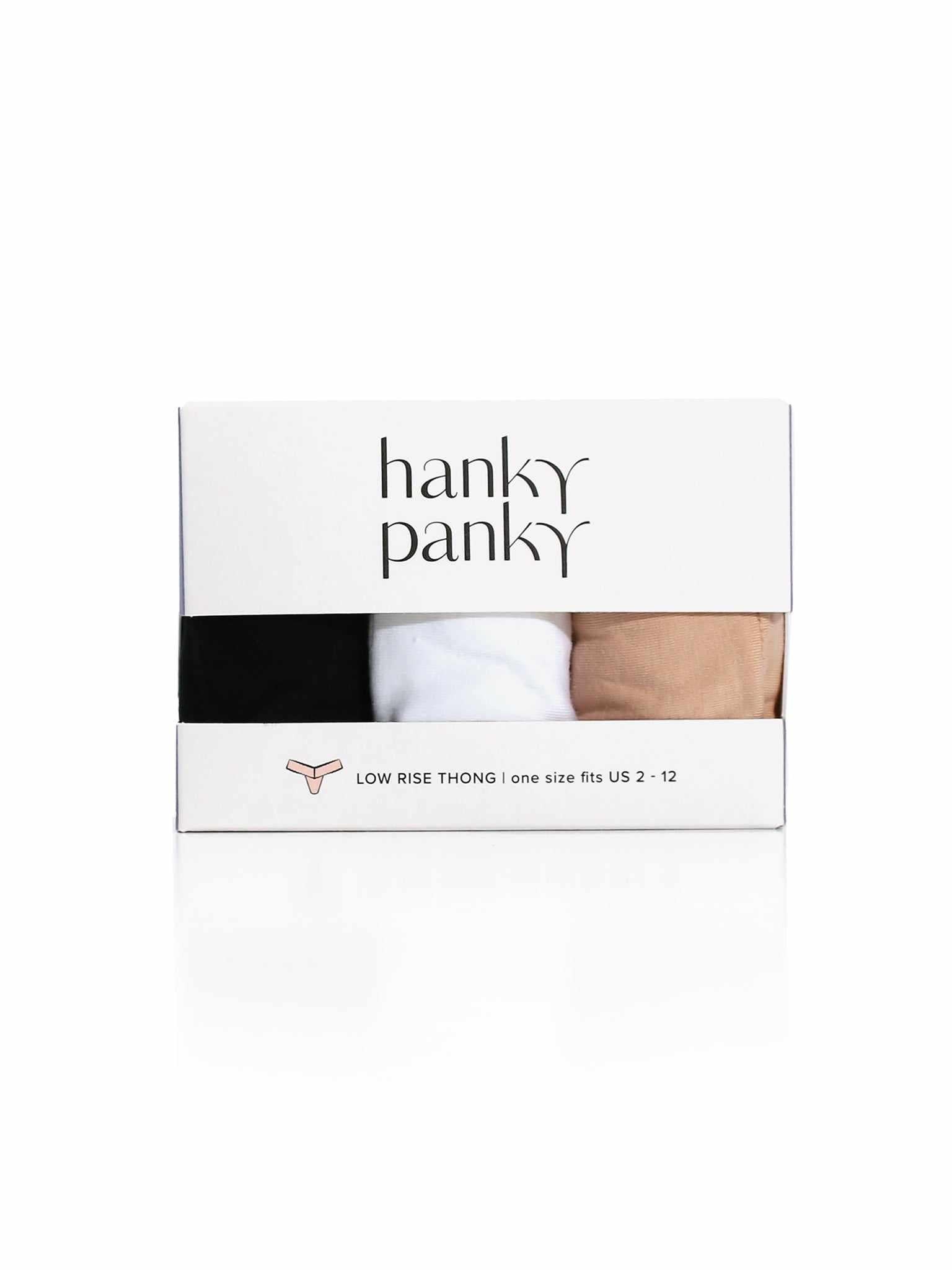 3 Pack Supima® Cotton Low Rise Thongs with Lace Black/White/Chai - Gift Box Front View | Hanky Panky