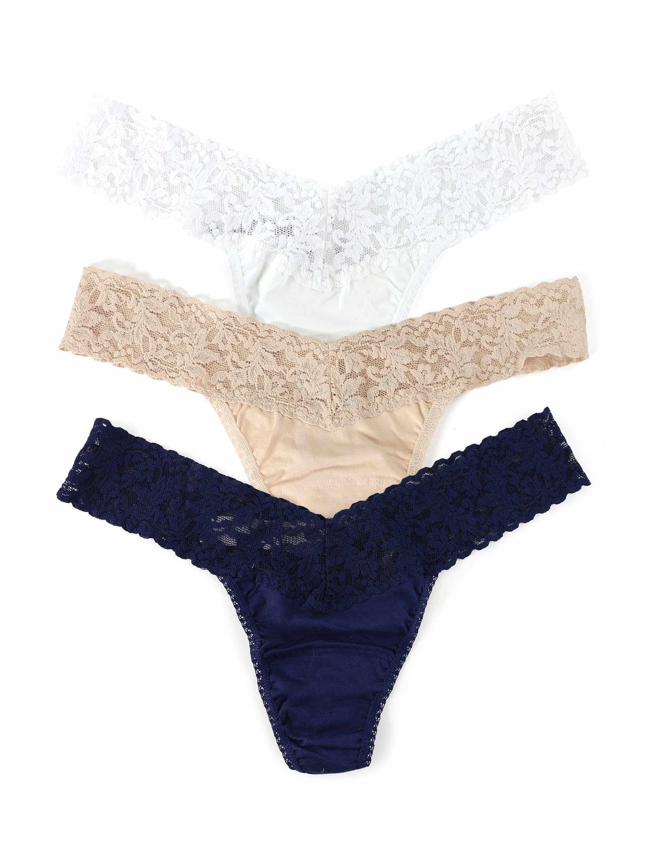 3-Pack Supima® Cotton Low Rise Thongs with Lace in White, Chai & Navy - Flat Lay | Hanky Panky