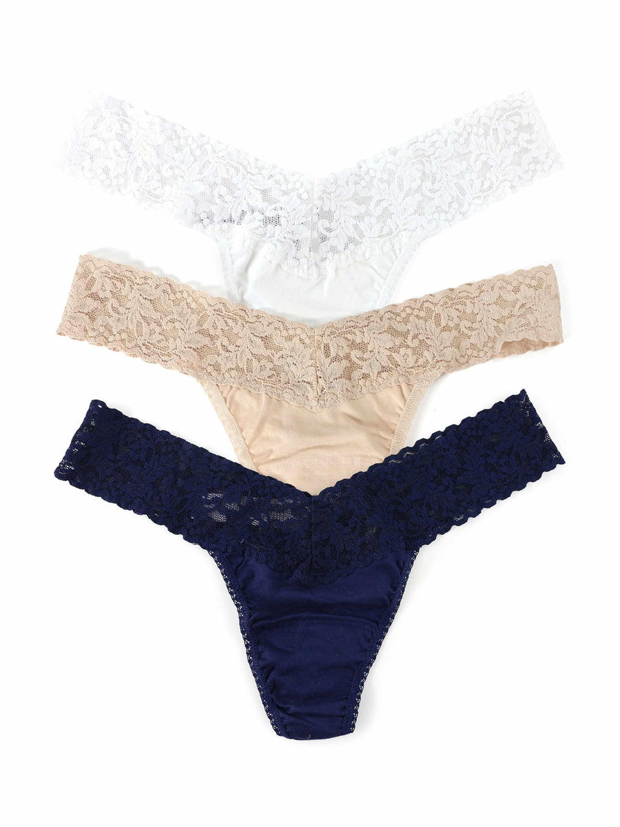 3-Pack Supima® Cotton Low Rise Thongs with Lace in White, Chai & Navy - Flat Lay | Hanky Panky