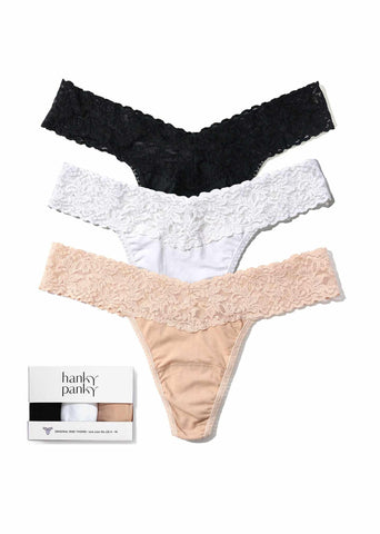 3 Pack Supima® Cotton Original Rise Thongs Black, White & Chai - Flat Lay with Gift Box | Hanky Panky