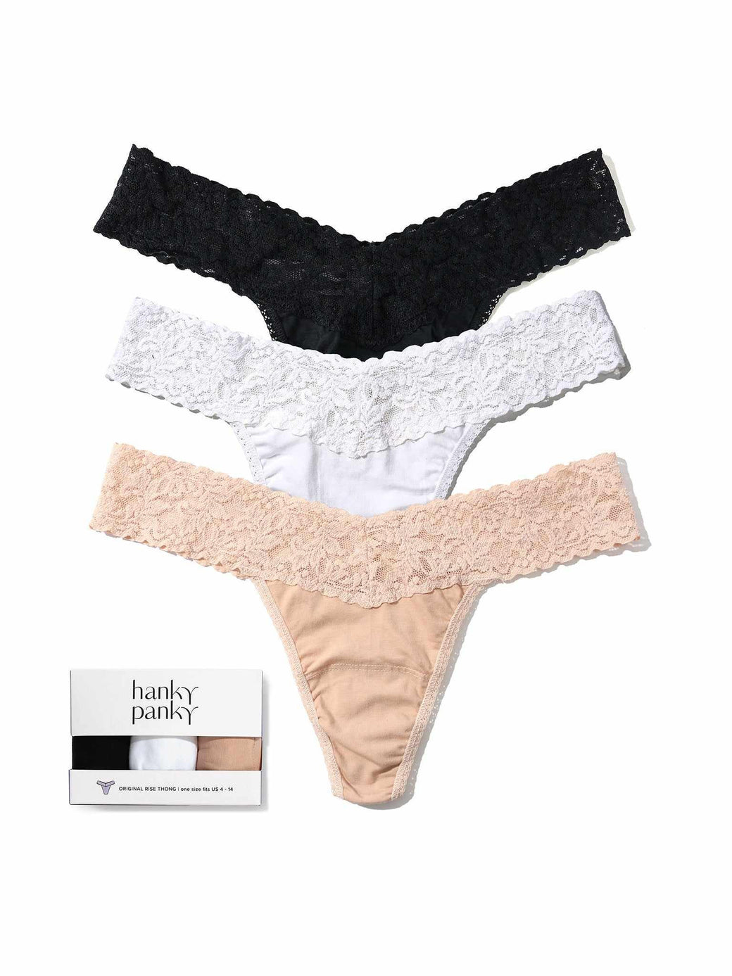 3 Pack Supima® Cotton Original Rise Thongs with Lace Black/White/Chai