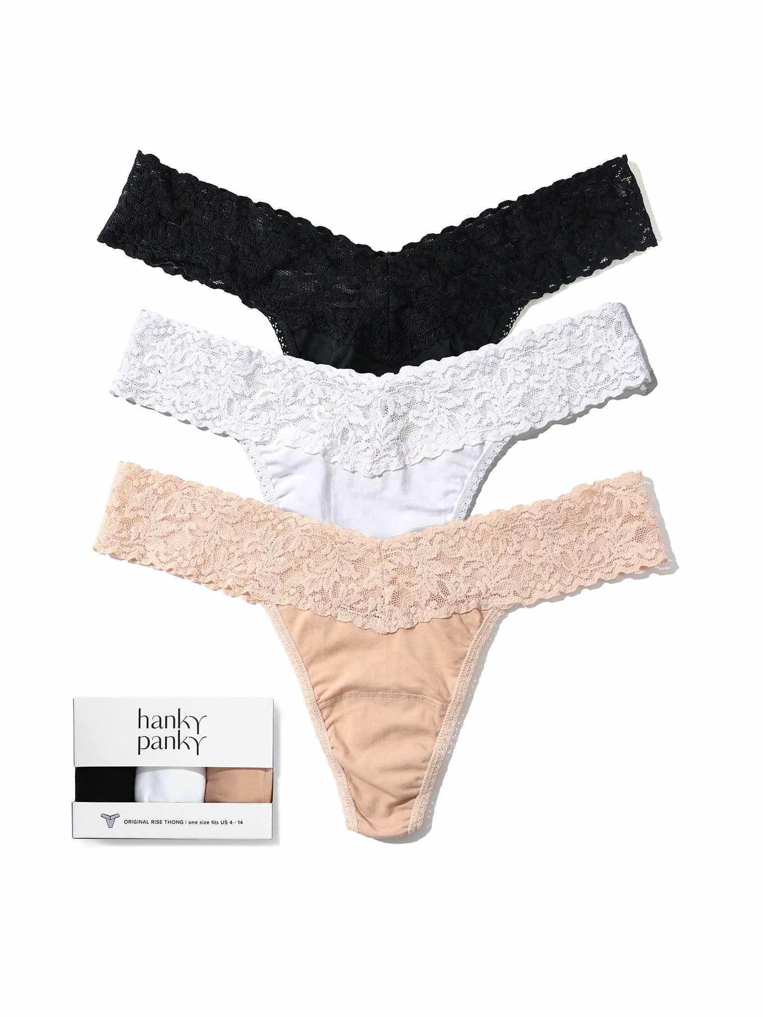 3 Pack Supima® Cotton Original Rise Thongs Black, White & Chai - Flat Lay with Gift Box | Hanky Panky