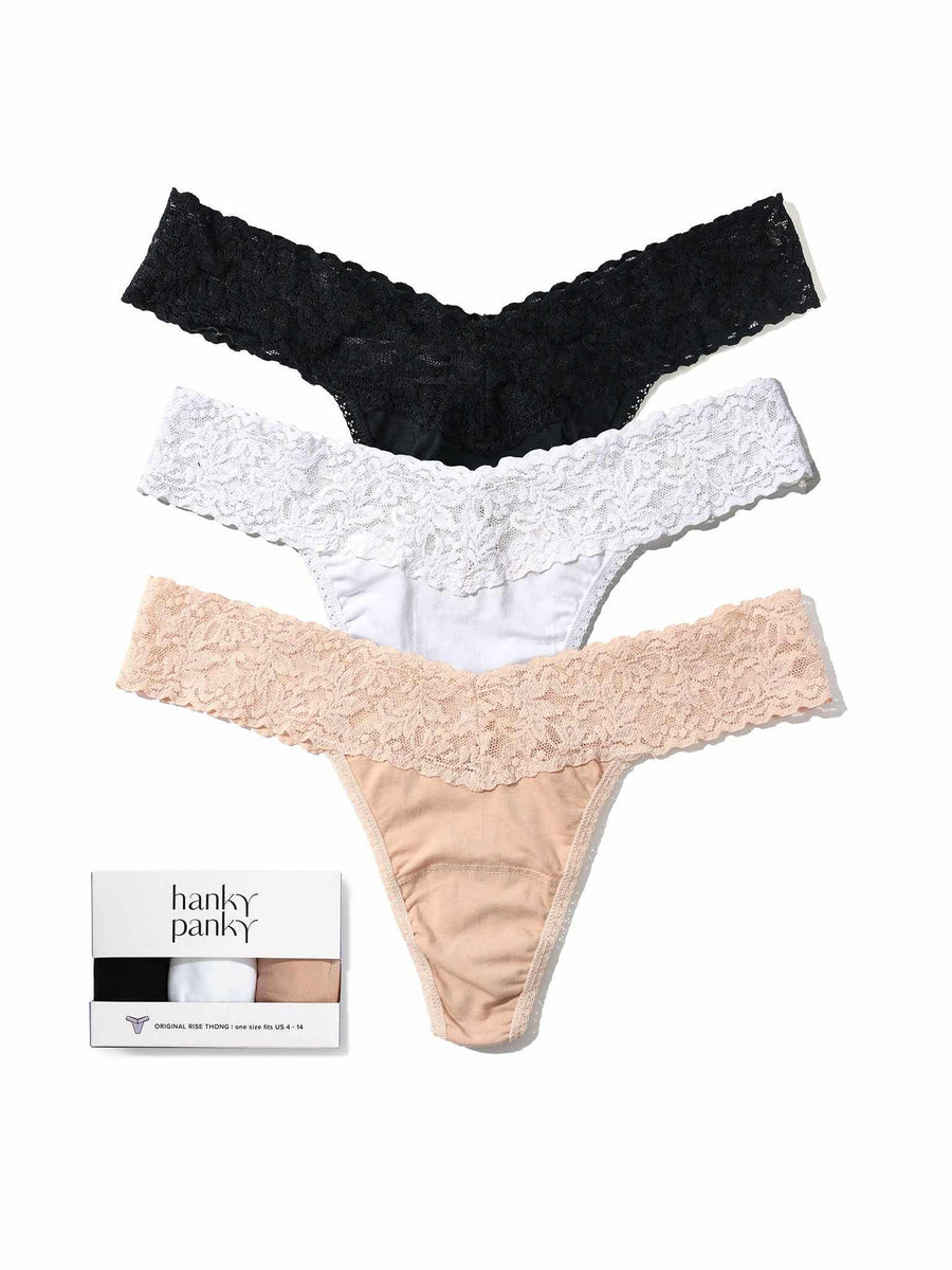 3 Pack Supima® Cotton Original Rise Thongs Black, White & Chai - Flat Lay with Gift Box | Hanky Panky