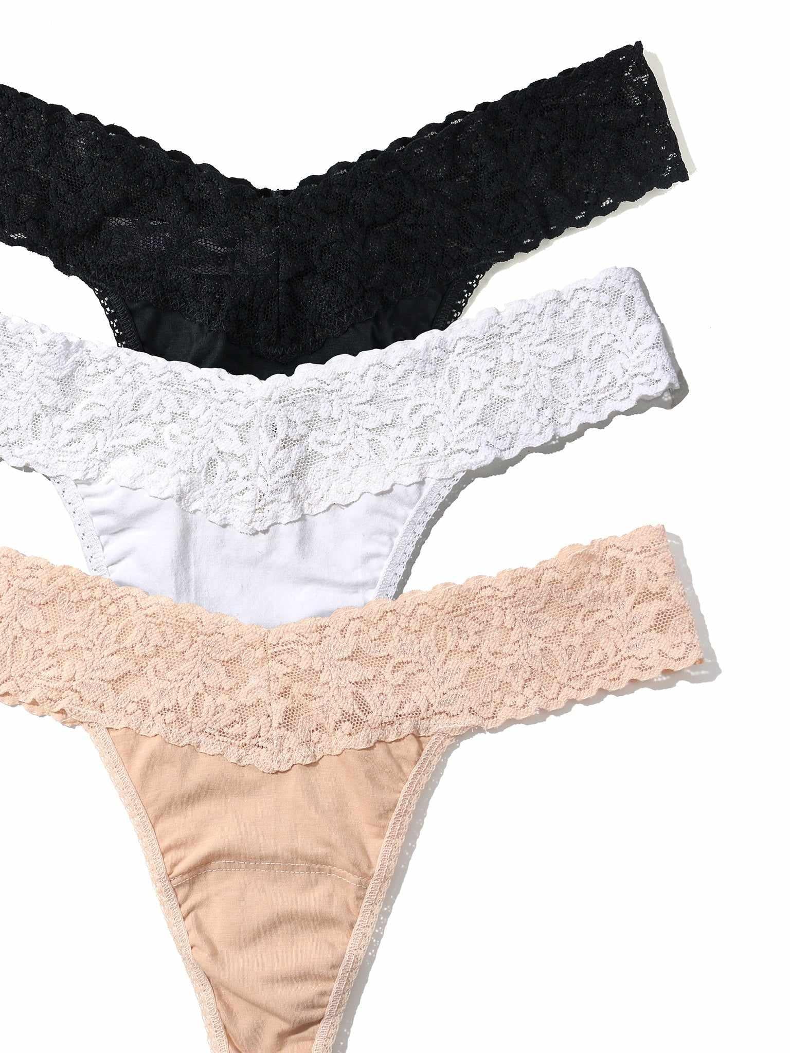 3 Pack Supima® Cotton Original Rise Thongs Black, White & Chai - Close-Up Lace Waistband Detail | Hanky Panky
