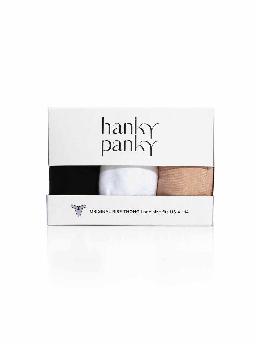 3 Pack Supima® Cotton Original Rise Thongs Black, White & Chai - Gift Box Front View | Hanky Panky