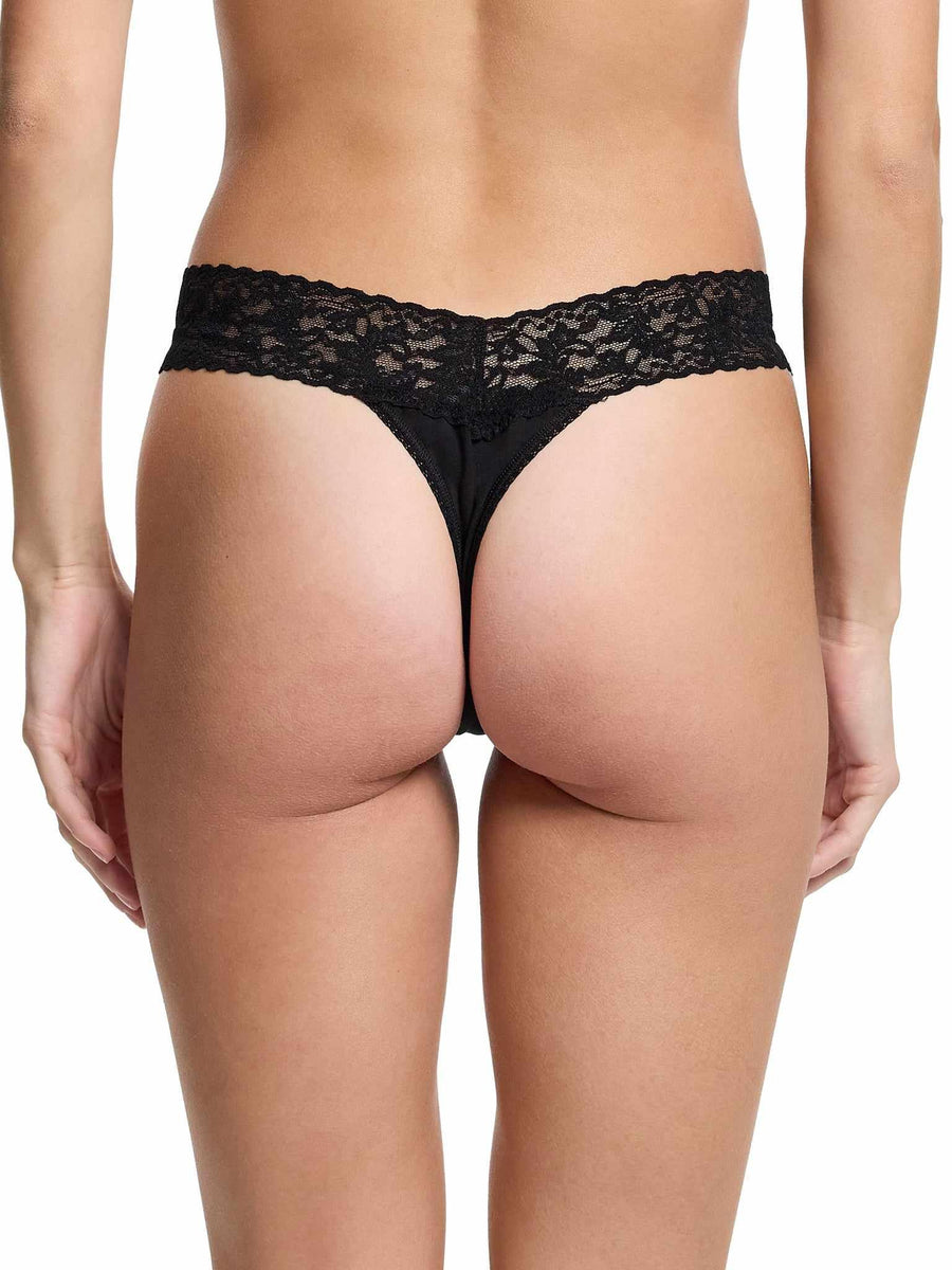 Black Supima® Cotton Original Rise Thong with Lace Waistband - On Model Back View, No-VPL Fit | Hanky Panky