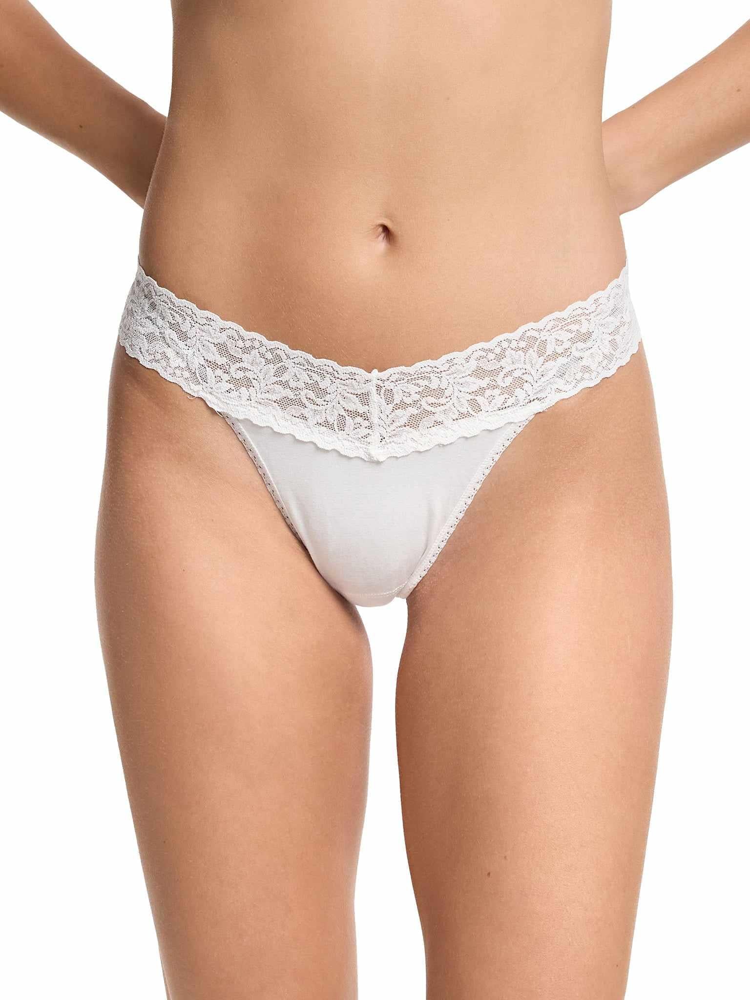White Supima® Cotton Original Rise Thong with Lace Waistband - On Model Front View | Hanky Panky