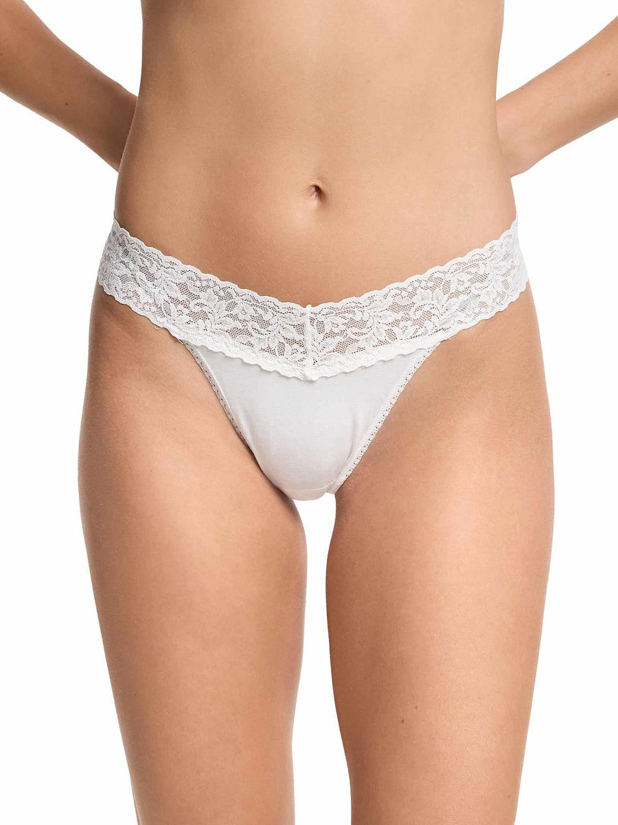 White Supima® Cotton Original Rise Thong with Lace Waistband - On Model Front View | Hanky Panky
