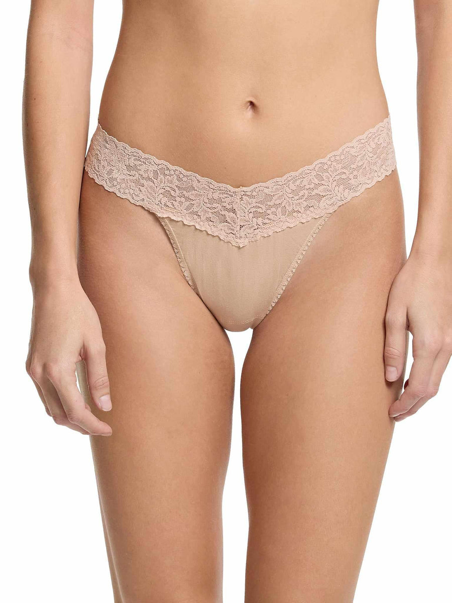 Chai Supima® Cotton Original Rise Thong with Lace Waistband - On Model Front View | Hanky Panky