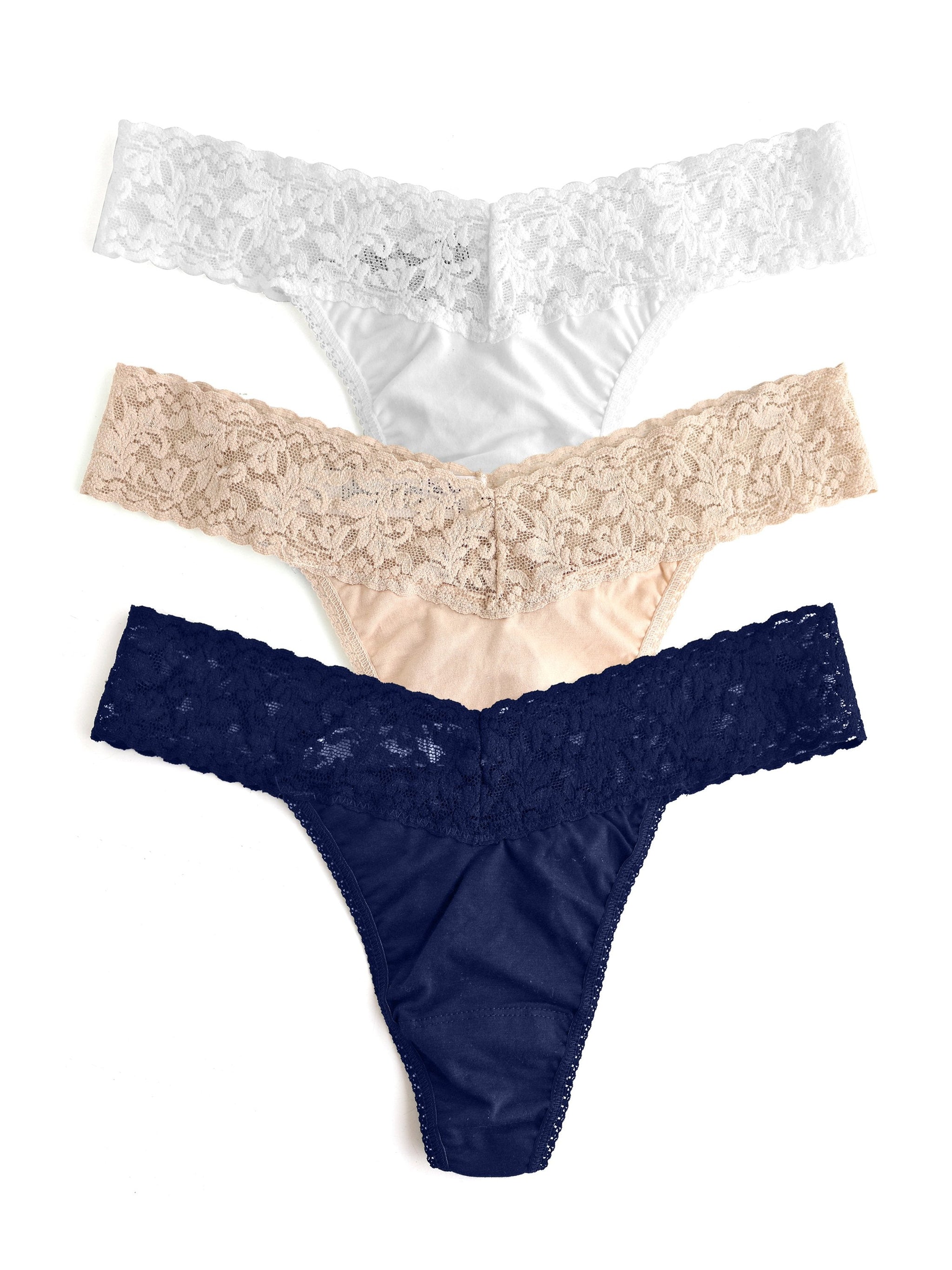 3 Pack SUPIMA® Cotton Original Rise Thongs with Lace-CHAI WHITE NAVY-Hanky Panky