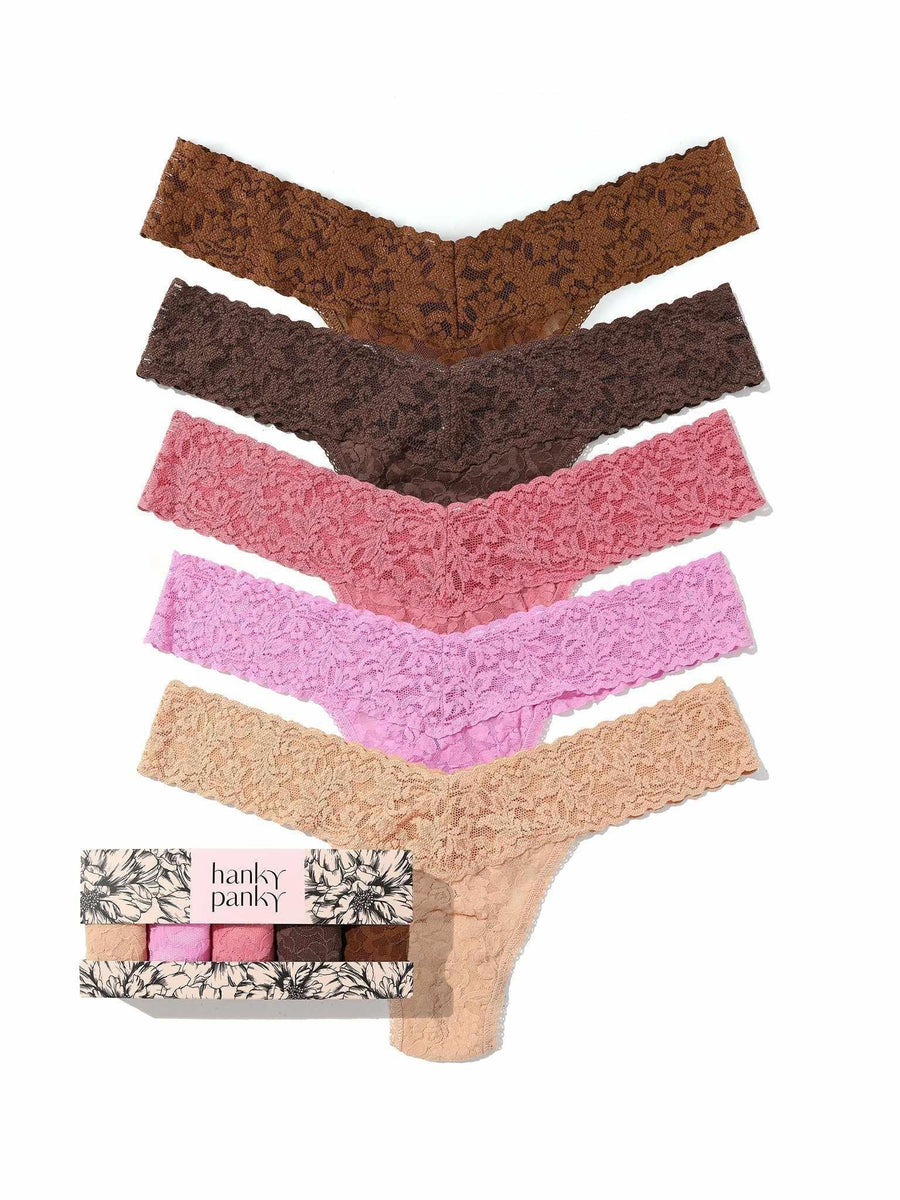 5 Pack Signature Lace® Low Rise Thongs In Printed Box Macchiato Sale