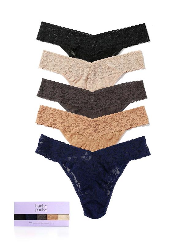 5 Pack Signature Lace® Original Rise Thongs in Neutral Colors - Flat Lay with Gift Box | Hanky Panky