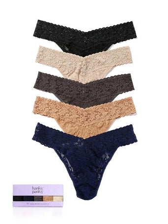 5 Pack Signature Lace® Original Rise Thongs in Neutral Colors - Flat Lay with Gift Box | Hanky Panky