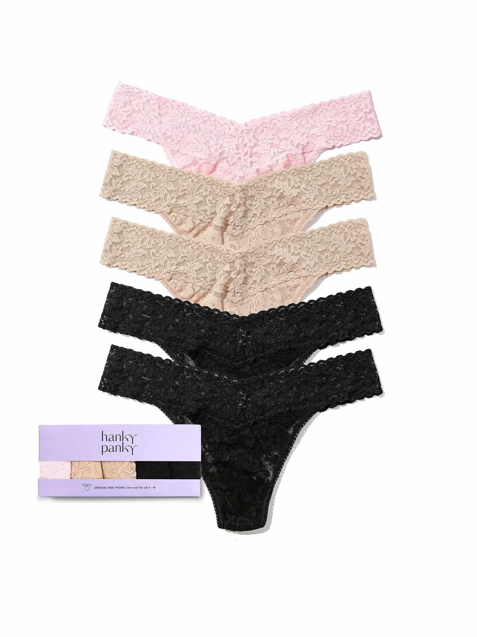 5-Pack Signature Lace® Original Rise Thongs in pink, beige & black neutrals - Flat Lay | Hanky Panky