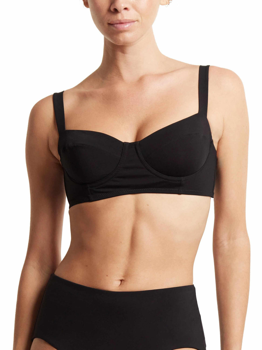 Black Underwire Balconette Bikini Top - Front Close-Up, Sweetheart Neckline On Model | Hanky Panky