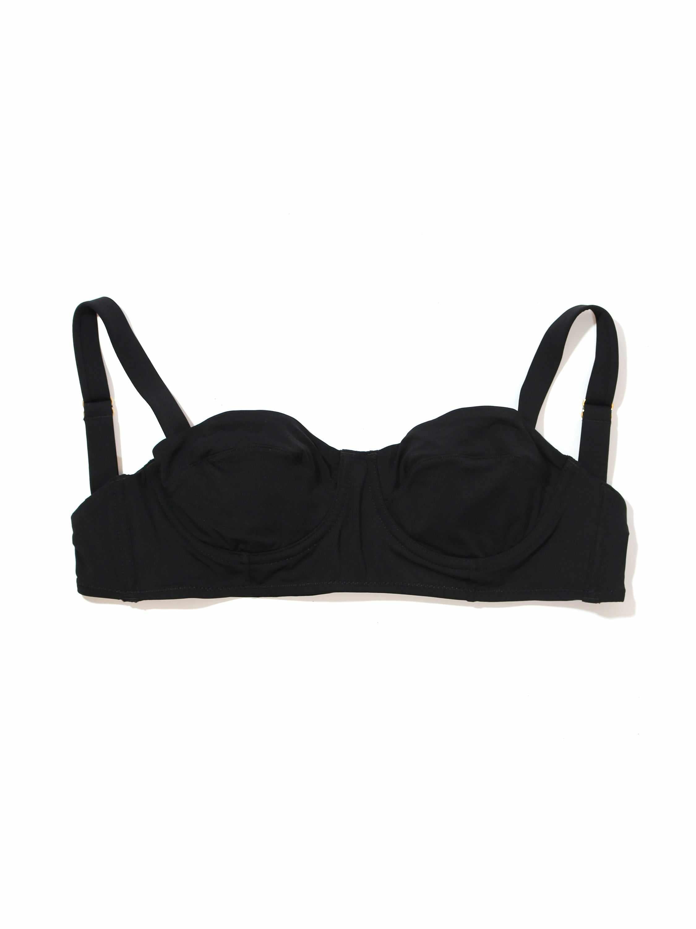 Black Balconette Swimsuit Top - Flat Lay Showing Underwire Cups & Gold-Tone Adjustable Straps | Hanky Panky