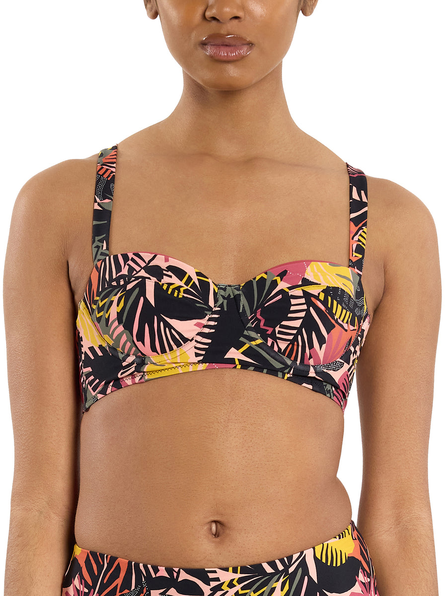 Palm Springs Tropical Print Underwire Balconette Bikini Swimsuit Top - Front Close-Up On Model | Hanky Panky