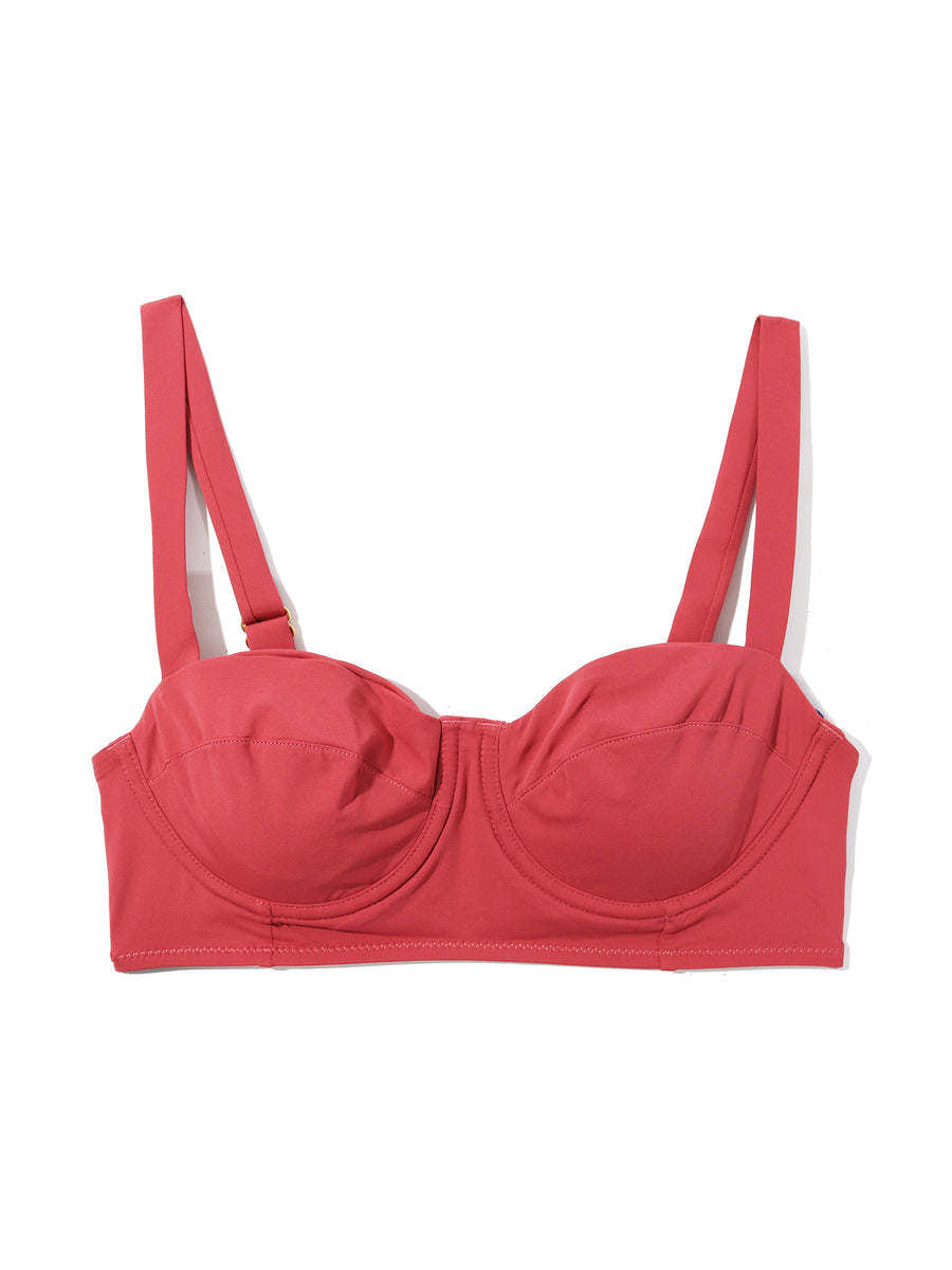 Sunbaked Red Underwire Balconette Bikini Swimsuit Top - Flat Lay, Gold Strap Hardware Detail | Hanky Panky