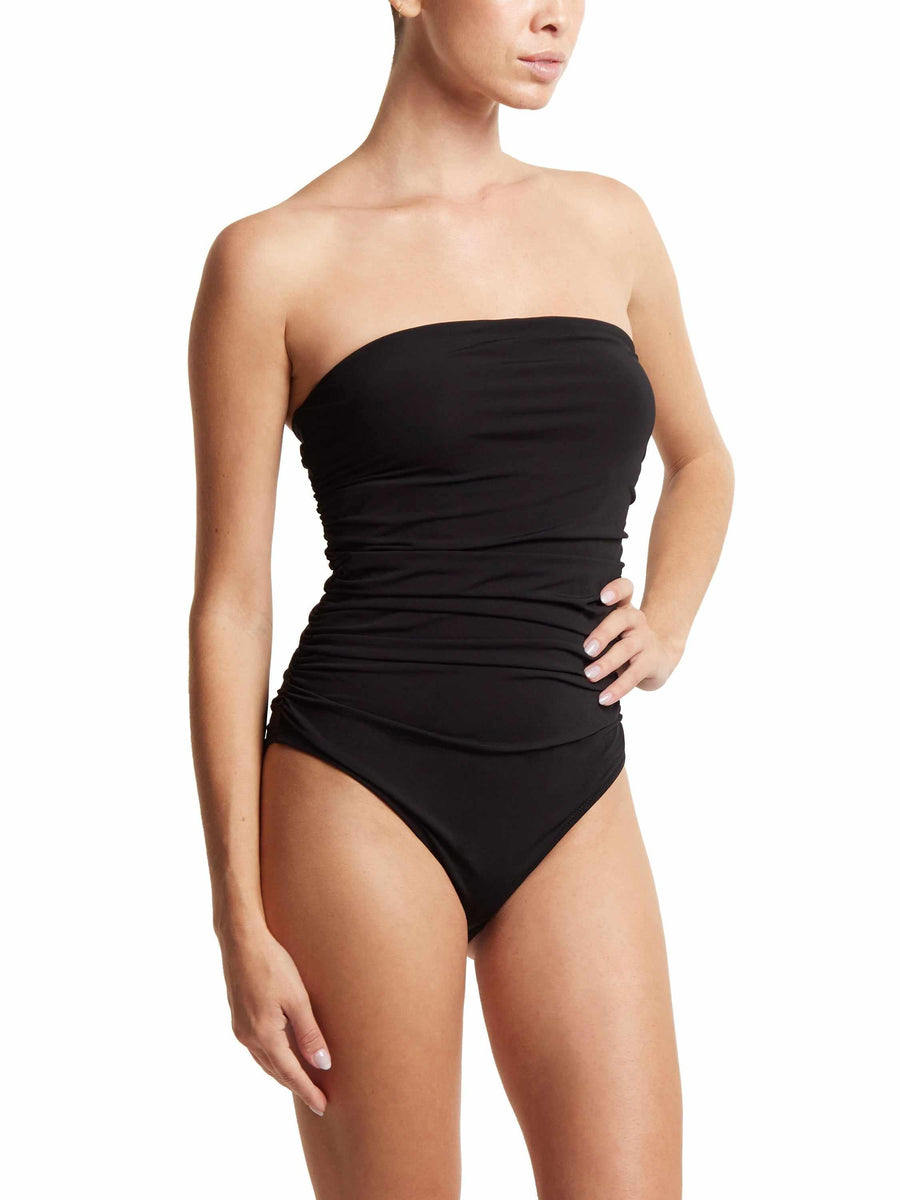 Black Ruched Bandeau One Piece Swimsuit, Side Angle On Model | Hanky Panky