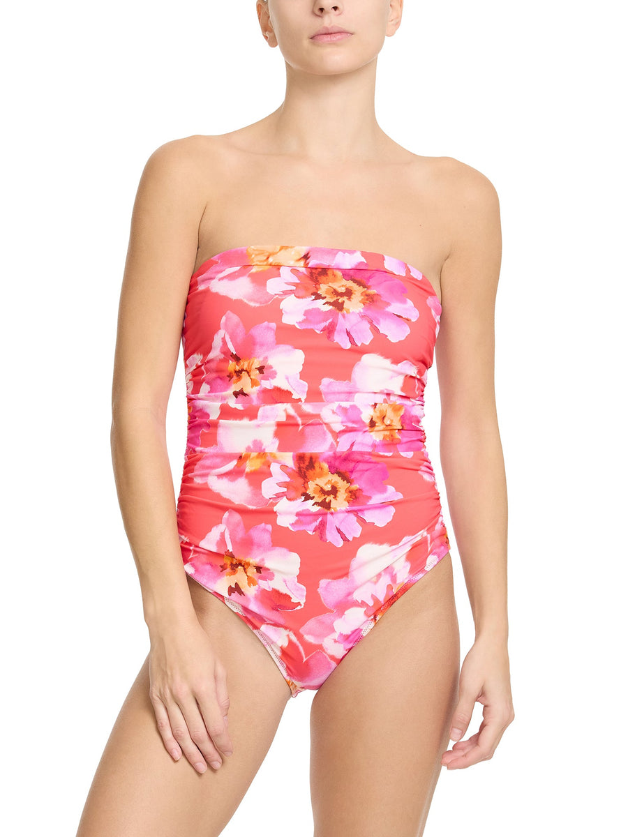 Out Of Office Pink Floral Ruched Bandeau One Piece Swimsuit - Front On Model | Hanky Panky