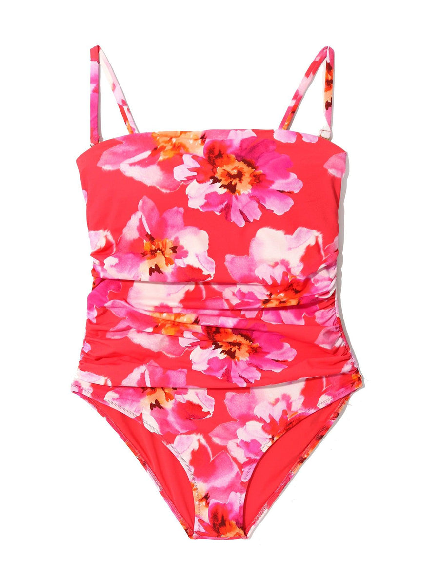 Out Of Office Pink Floral Ruched Bandeau One Piece Swimsuit with Straps - Flat Lay | Hanky Panky