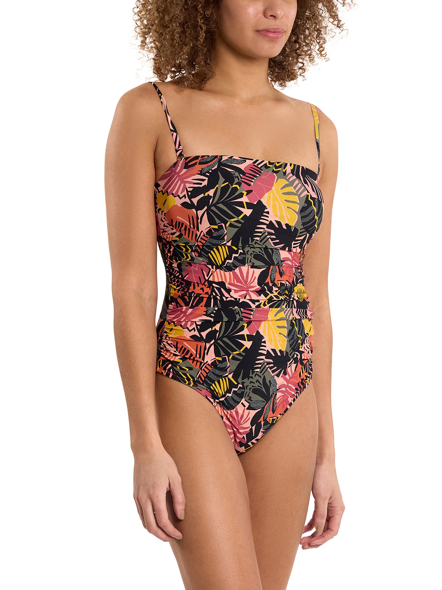 Tropical Print Ruched One Piece Swimsuit with Straps - Side Angle On Model | Hanky Panky