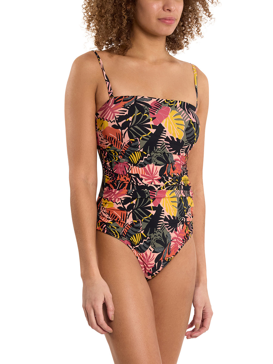 Tropical Print Ruched One Piece Swimsuit with Straps - Side Angle On Model | Hanky Panky