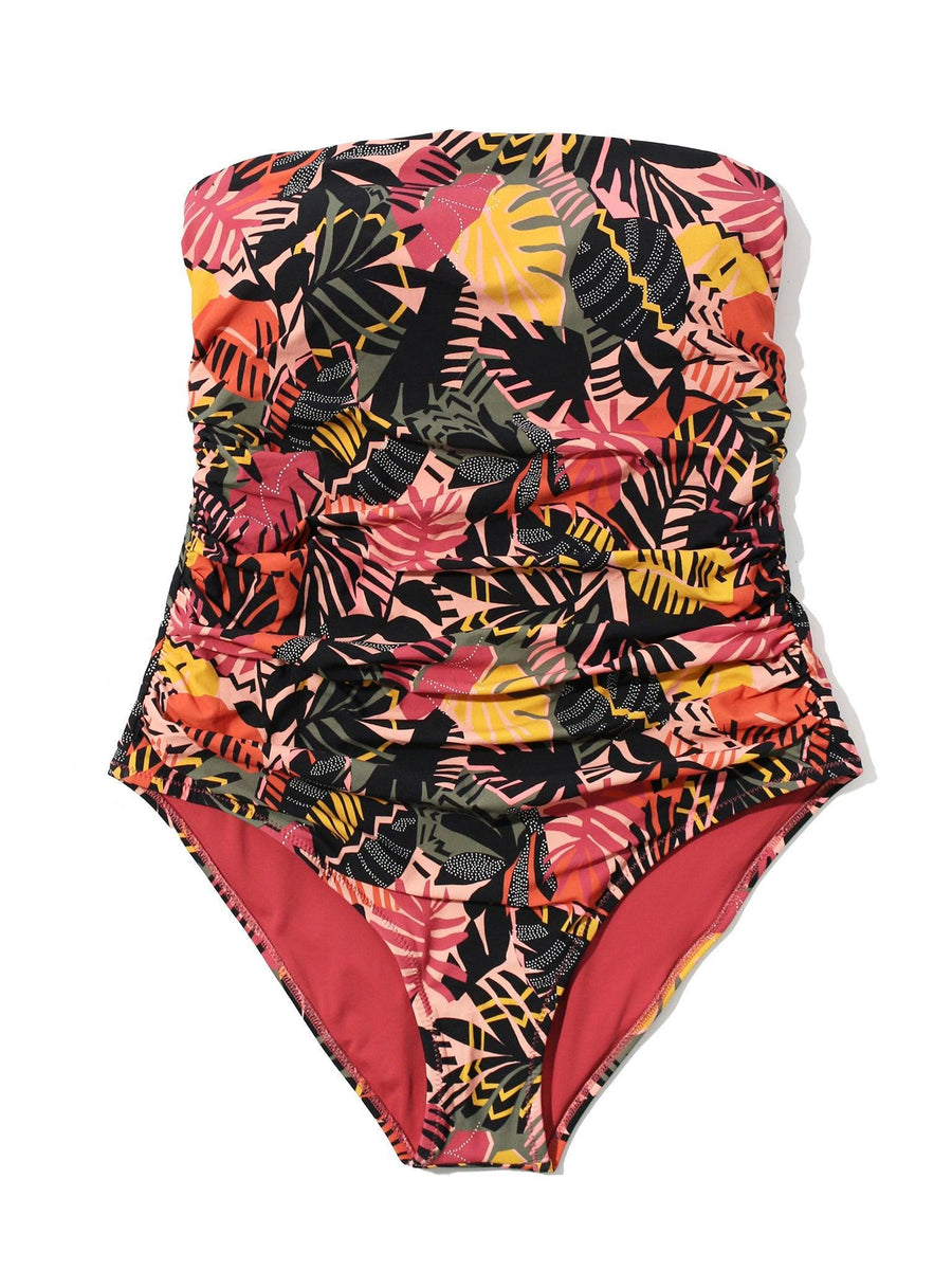 Tropical Print Ruched Bandeau One Piece Swimsuit - Flat Lay Front | Hanky Panky