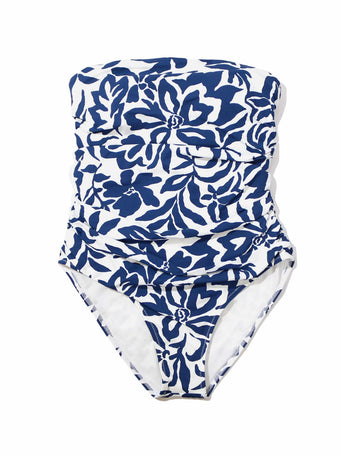 Blue & White Floral Bandeau One Piece Swimsuit - Flat Lay, Ruched Fabric Detail | Hanky Panky