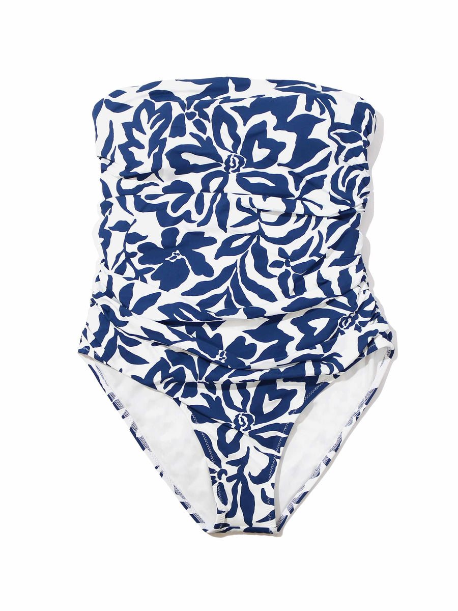Blue & White Floral Bandeau One Piece Swimsuit - Flat Lay, Ruched Fabric Detail | Hanky Panky