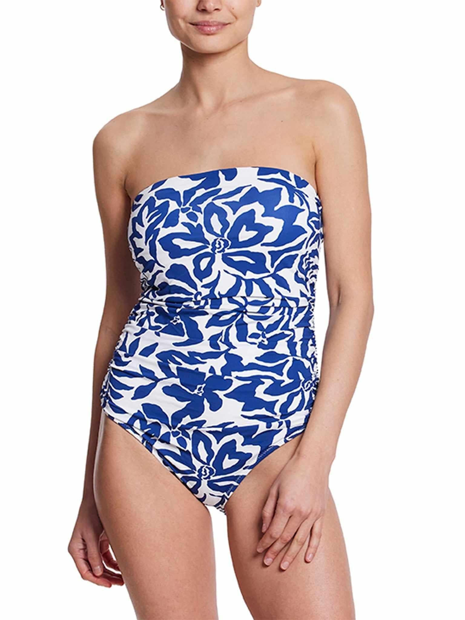 Poolside Floral Ruched Bandeau One Piece Swimsuit - Front On Model | Hanky Panky