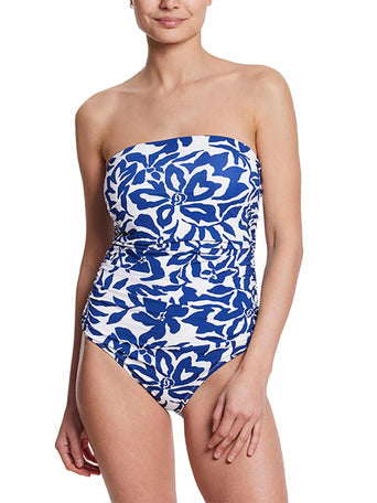 Poolside Floral Ruched Bandeau One Piece Swimsuit - Front On Model | Hanky Panky