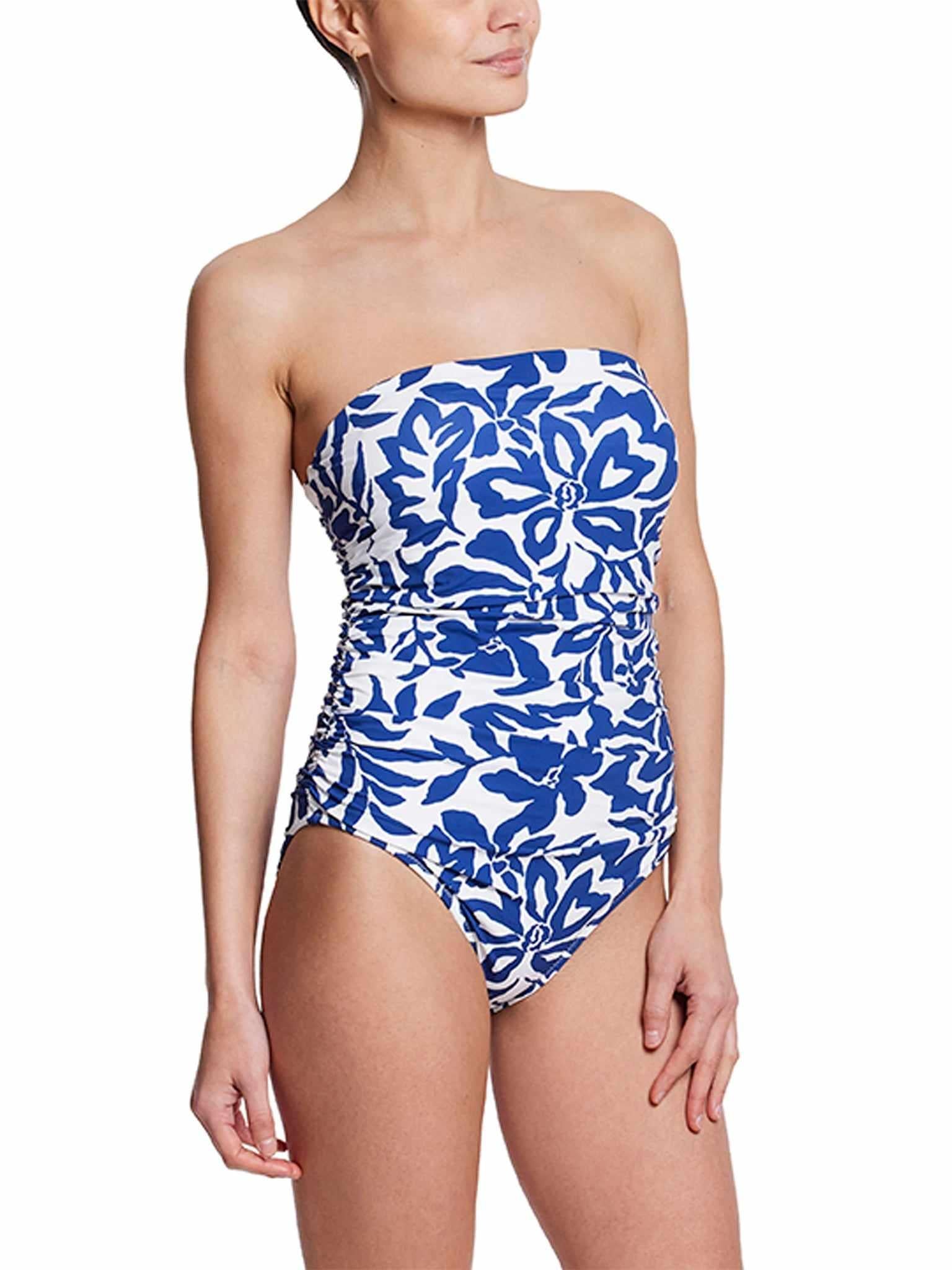 Poolside Floral Strapless One Piece Swimsuit - Side On Model, Ruched Detail | Hanky Panky