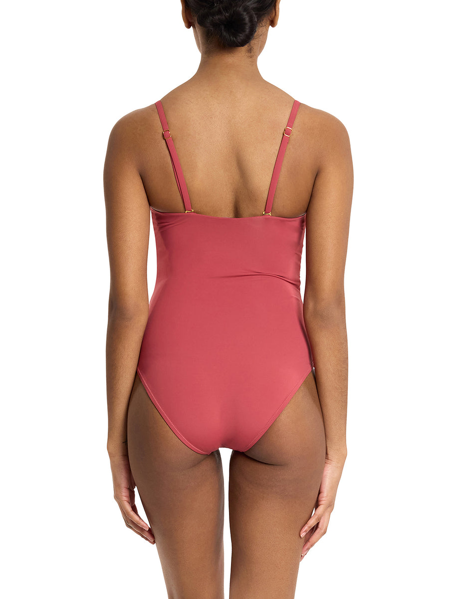 Palm Springs Red Ruched Bandeau One Piece Swimsuit - Back View with Gold Hardware | Hanky Panky