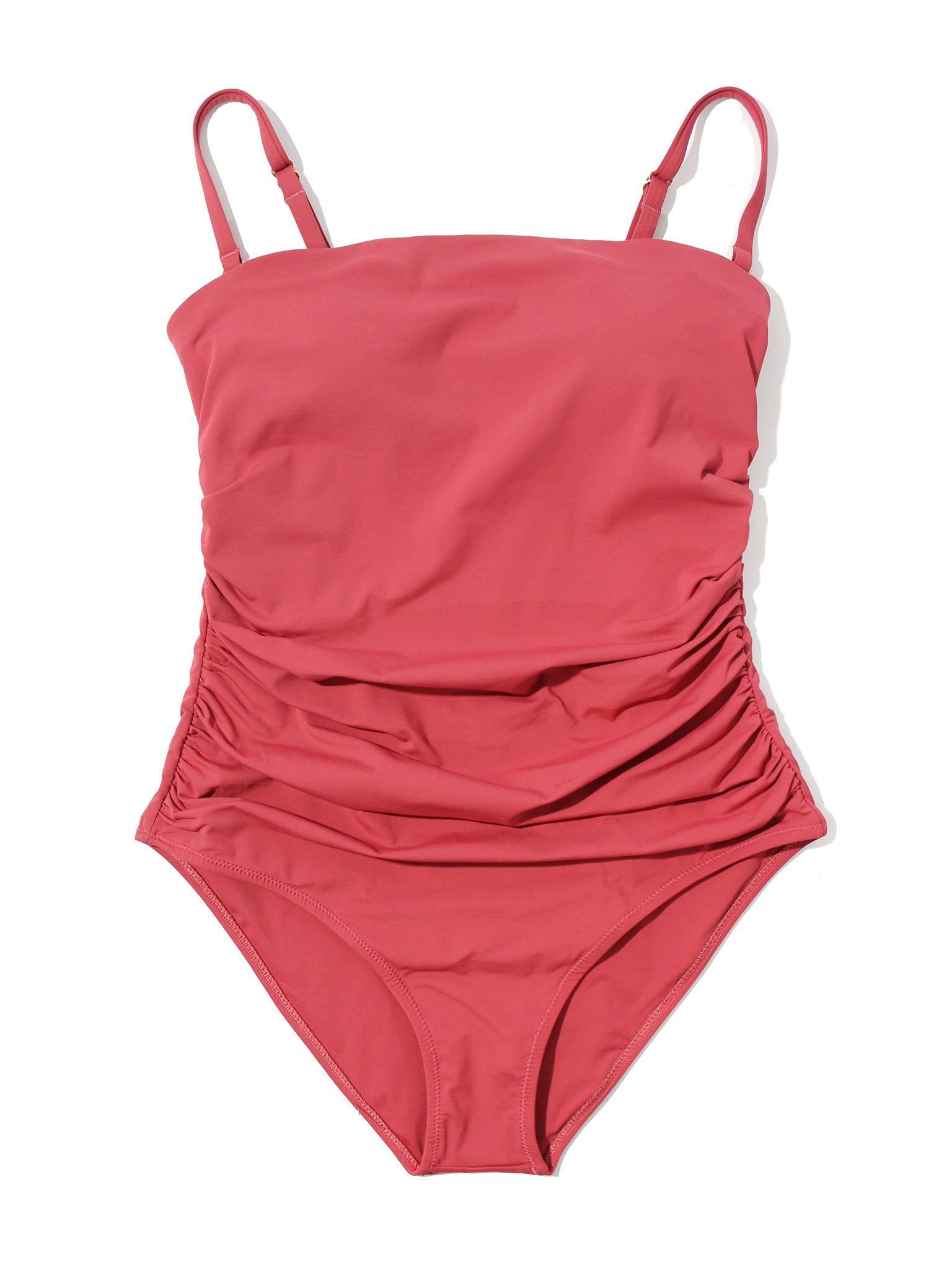 Palm Springs Red Ruched Bandeau One Piece Swimsuit with Straps - Flat Lay | Hanky Panky
