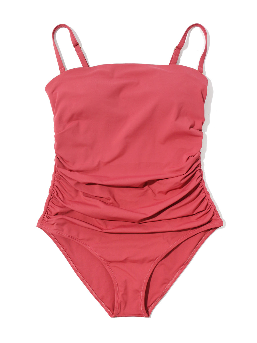 Palm Springs Red Ruched Bandeau One Piece Swimsuit with Straps - Flat Lay | Hanky Panky