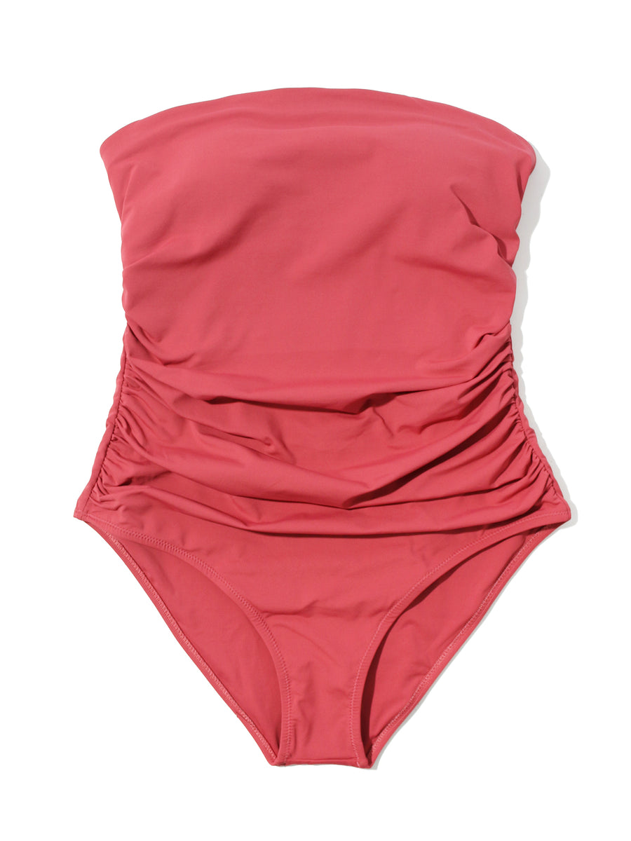 Palm Springs Red Strapless Ruched Bandeau One Piece Swimsuit - Flat Lay | Hanky Panky