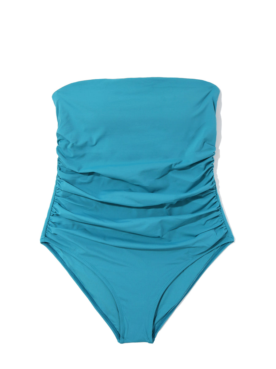 Tahiti Teal Ruched Bandeau One Piece Swimsuit Strapless - Flat Lay Front on White | Hanky Panky