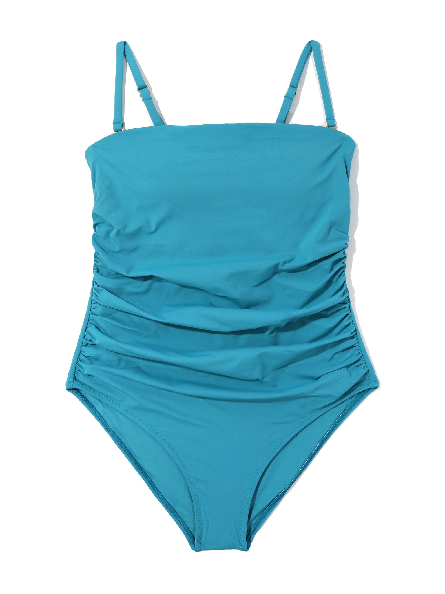Tahiti Teal Ruched Bandeau One Piece Swimsuit with Gold Hardware Straps - Flat Lay Front | Hanky Panky